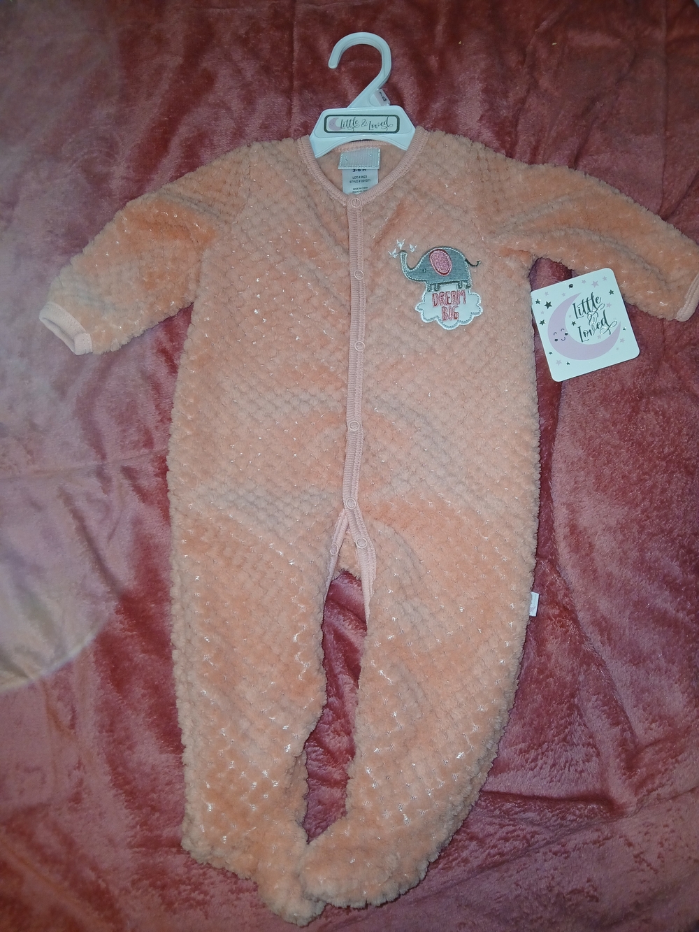 Little & Loved NWT Plush Peach Baby One-Piece Footed Pajamas with Elephant Patch